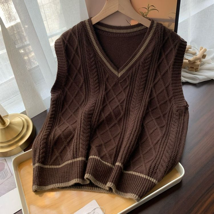 Couleur contrastée, col polyvalent, gilet tricoté à torsion de pâte frite, printemps et automne, version coréenne, vêtements superposés, gilet, pull et gilet_voghion.com