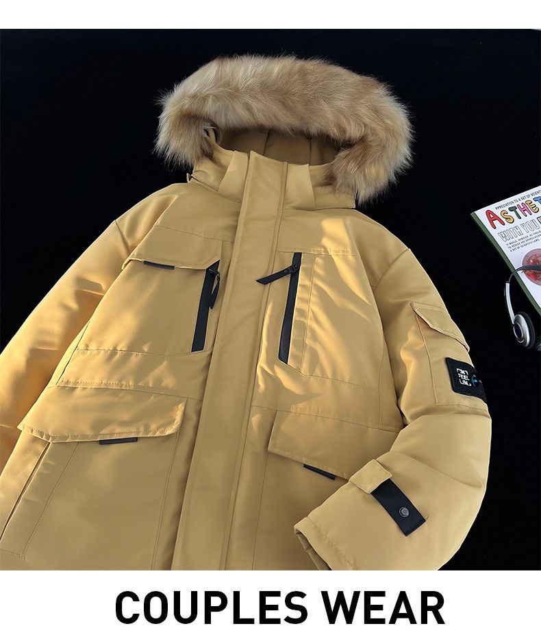 Jaqueta Parka com Capuz de Inverno Masculina com Enchimento de Poliéster Espesso, à Prova de Vento e Quente, Casaco de Trabalho para Uso Externo e Casual_voghion.com