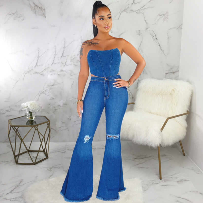 Női ruházat HSF2024-1 divatos, sokoldalú, bő szárú, térdig érő, farmer, bővülő, nyers szegélyű nadrág_voghion.com