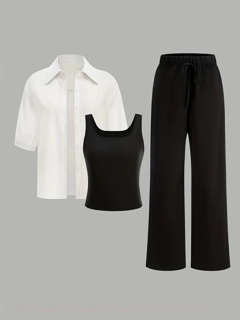 Conjunto de roupas femininas Dopamine Summer Outfit - Camisa slim, regata e calça, combinação de 3 peças | Fluido e jovial | Branco + Preto / Branco + Marrom | P-XGG_voghion.com