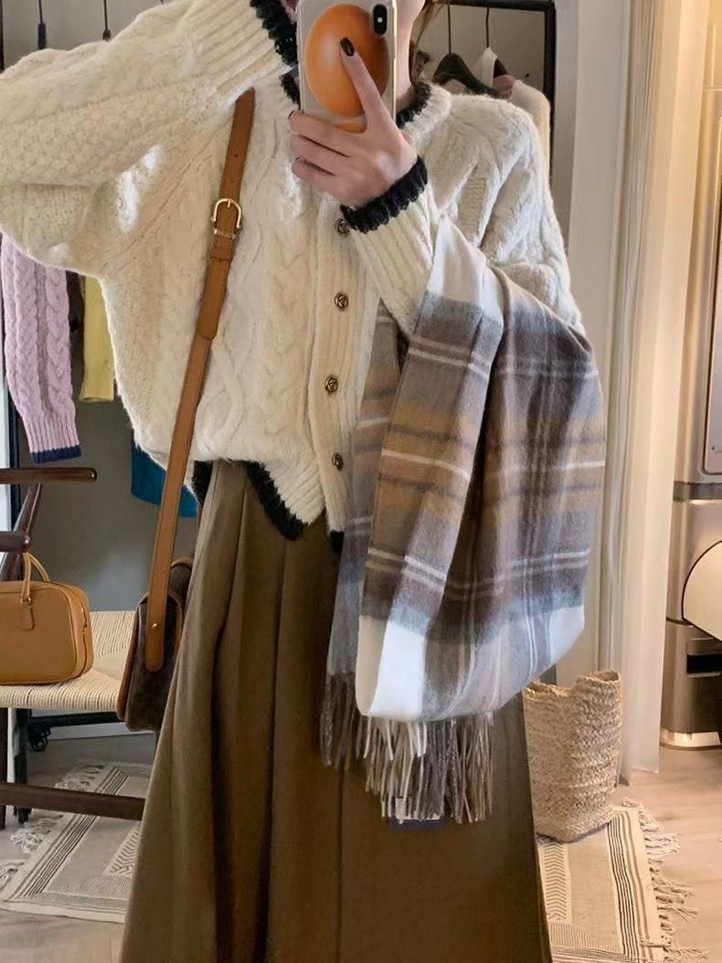 Vintage-Strickjacke für Damen, weicher Häkelpullover mit Farbblock-Design, lässiger Rundhalsausschnitt, lange Ärmel, offene Vorderseite_voghion.com