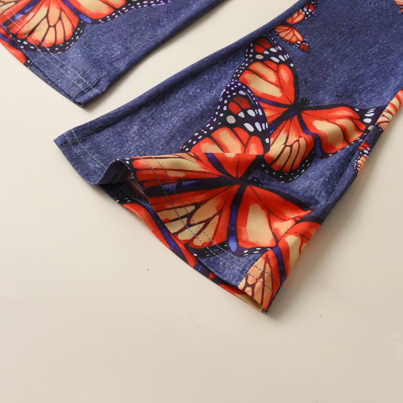 Mother & Kids New European and American Summer Girls Short-Sleeved T-Shirt Butterfly Print Imitation Denim Flare Pants Suit Two Pieces in Stock_voghion.com