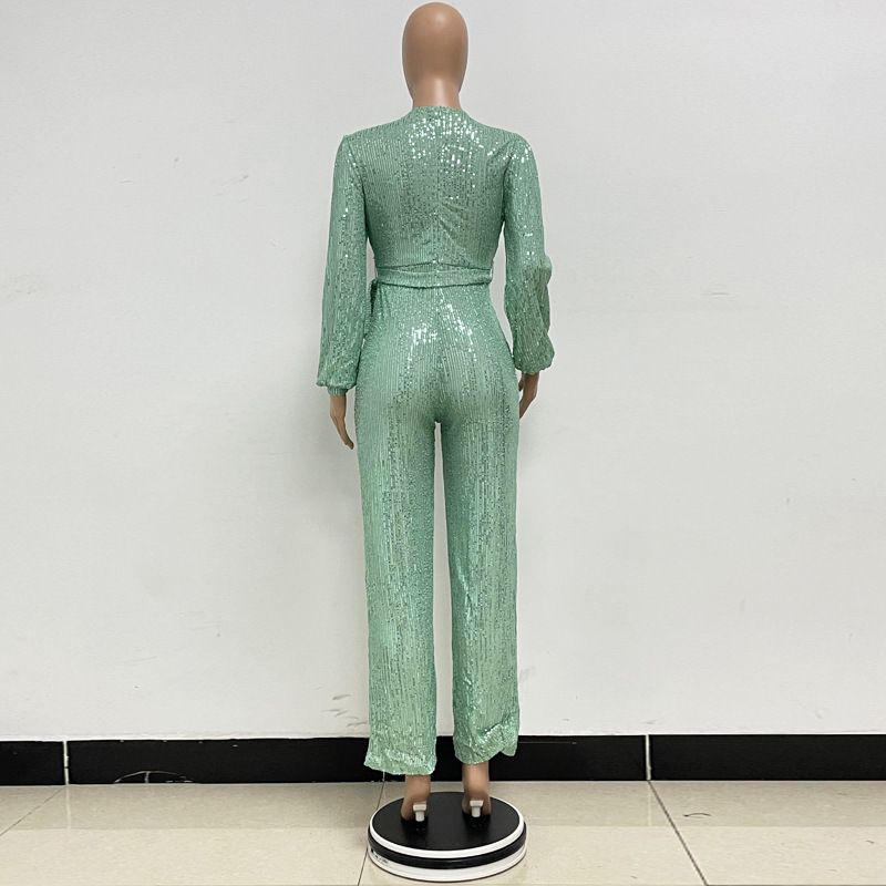 Damkläder Ins Style Deep V Mode Casual Jumpsuit Långärmat Bälte Paljett Jumpsuit Dam_voghion.com