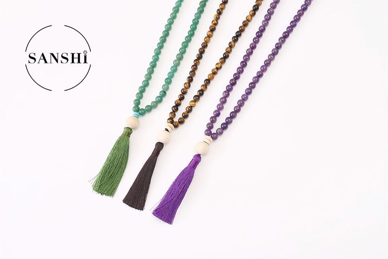 Damenschmuck 108 natürliche Edelsteine Runde Perlen Quaste Halskette 8mm Mode Pullover Kette_voghion.com