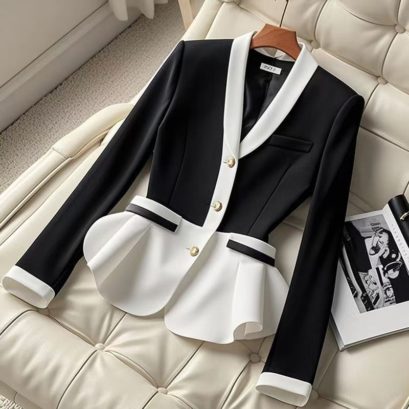 Abbigliamento da donna Stile piccolo, lusso di alta gamma, colore a contrasto, piccolo abito a maniche lunghe con scollo a V in vita, giacca da abito in stile da donna delicata per le donne_voghion.com