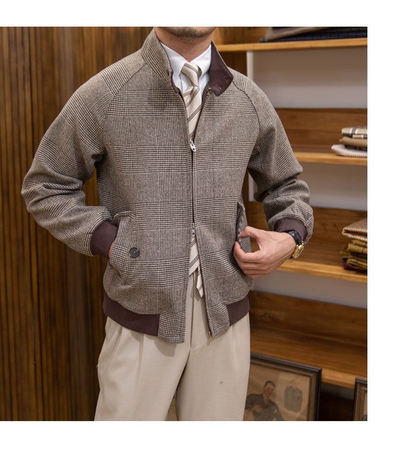 Meeste riided kraega Harrington Prince Check lühike jope härrasmeeste Slim Fit universaalne villane mantel retro meestele_voghion.com
