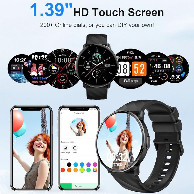 Smart Watch für Männer und Frauen mit Anruf-/Texterinnerung, Smartwatch, 1,39-Zoll-Touchscreen, Fitnessuhr mit Herzfrequenz, Schlafschritten, Kalorien_voghion.com