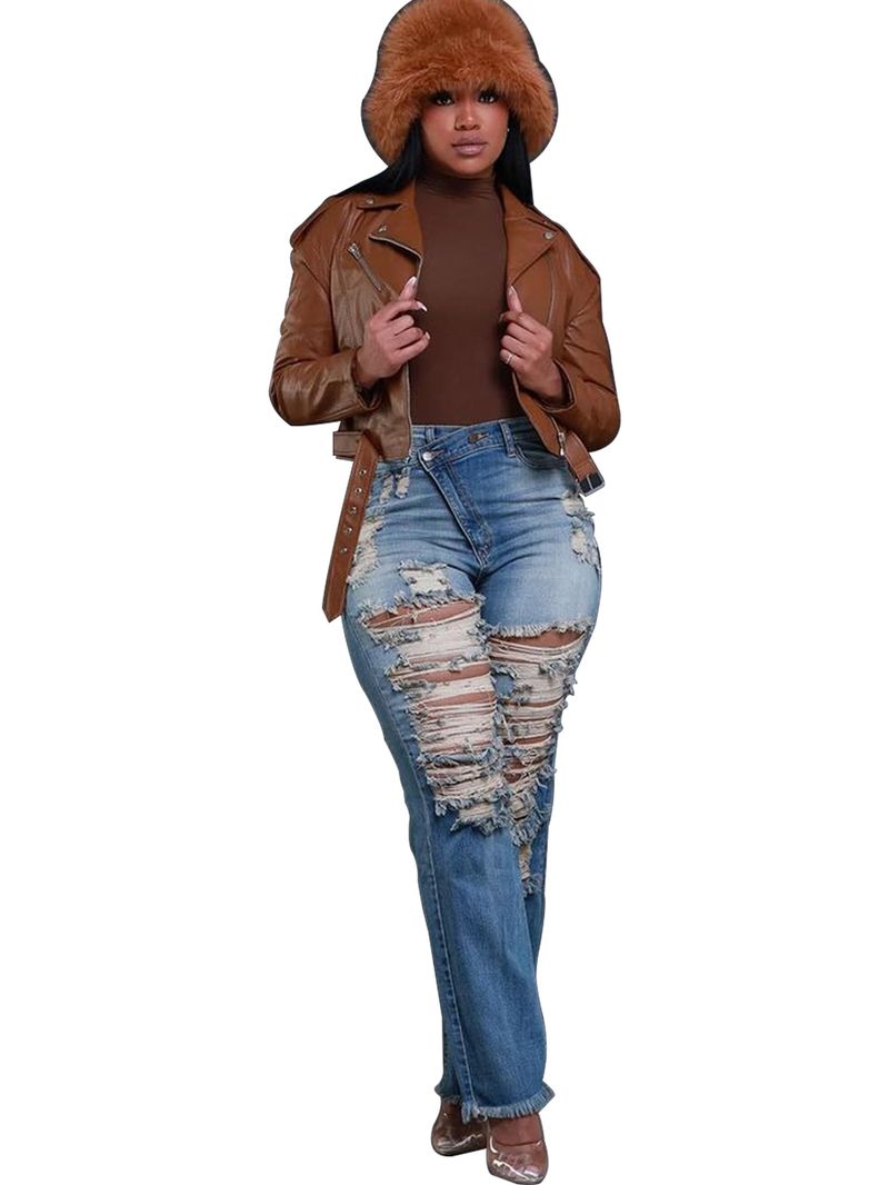 Abbigliamento donna autunno e inverno dritto personalità elastico in vita taglio nappa jeans_voghion.com