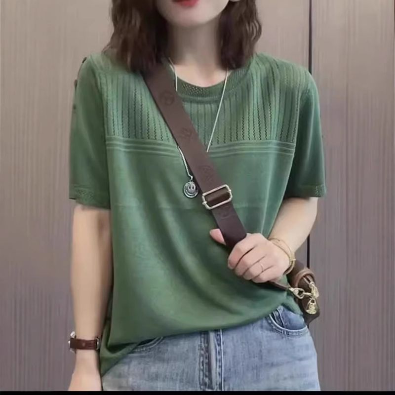 T-shirt court en soie glacée pour femme, col rond, manches mi-longues, style occidental, nouveauté été 2025_voghion.com