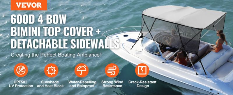 VEVOR 4 Bow Bimini Top Boat Cover, Detachable Mesh Sidewalls, 600D Polyester Canopy with 1" Aluminum Alloy Frame, Includes Storage Boot, 2 Straps, 2 S_voghion.com