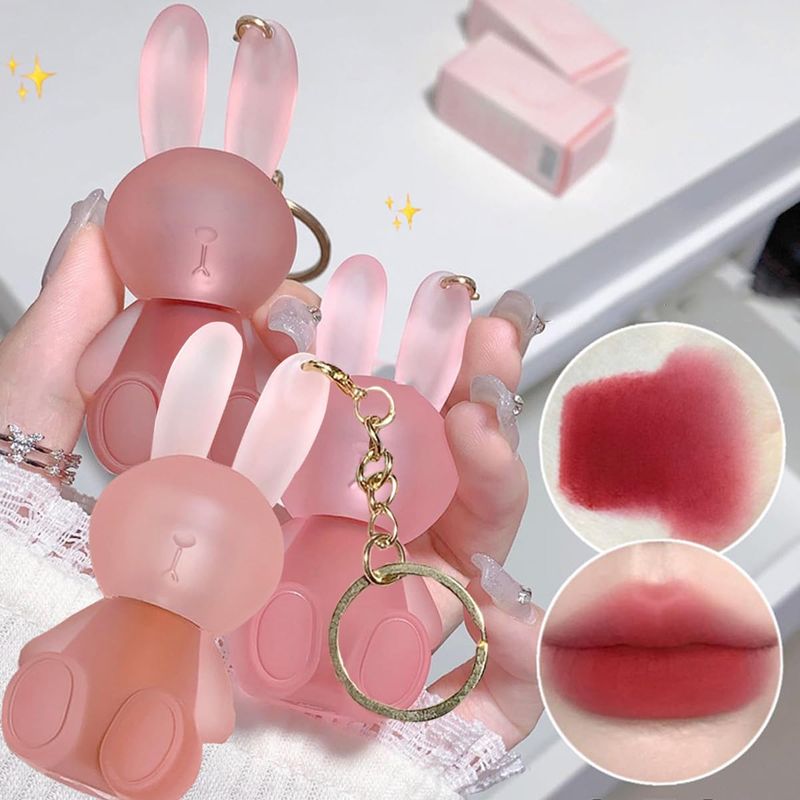 Baorder 3-farbiges, süßes, mattes, flüssiges Lippenstiftset, Lippenstift Velvet Glaze 2-in-1, Schlüsselanhänger in Kaninchenfarbe, wasserfest, langlebig, nicht_voghion.com