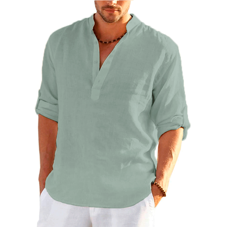 Men's New linen long-sleeved T-shirt loose undershirt solid color long-sleeved cotton and linen shirt_voghion.com