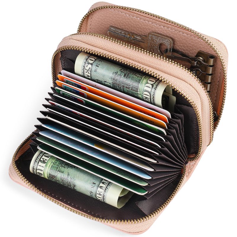 First Layer Cowhide Double Layer Zipper Organ Card Holder Women's rfid Anti-Magnetic Leather Key Case Card Holder ID Card Holder_voghion.com