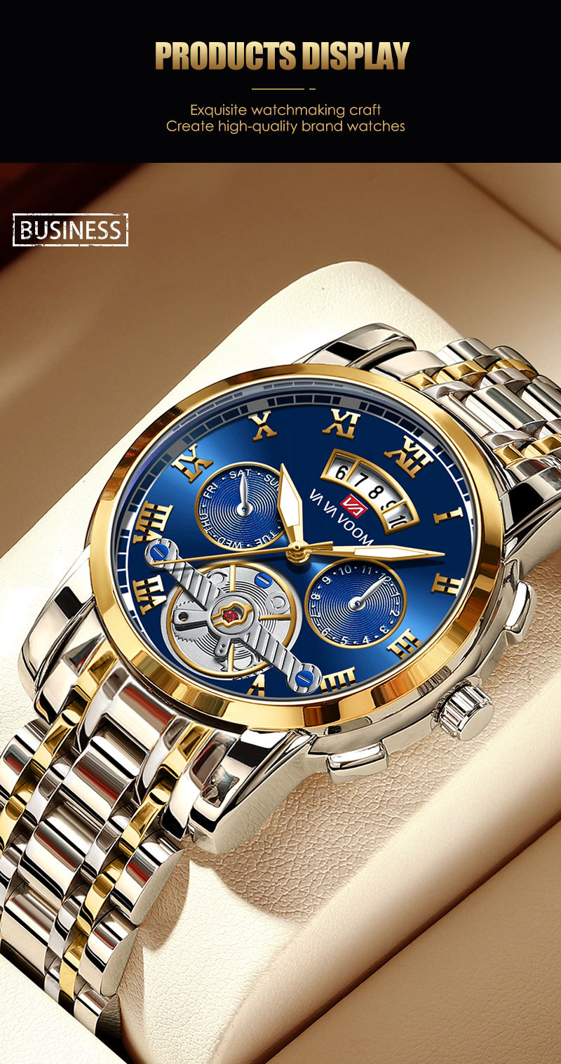 Multifunktionsuhr für Herren aus Edelstahl mit Tourbillon, Leuchtzeigern, Datumsanzeige und 30 m Wasserdichtigkeit_voghion.com