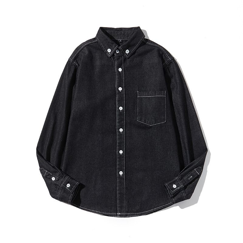 Camicia in denim lavato tinta unita, abbigliamento da uomo di fascia alta trendy e versatile a maniche lunghe da uomo, camicia da lavoro, giacca casual giapponese_voghion.com