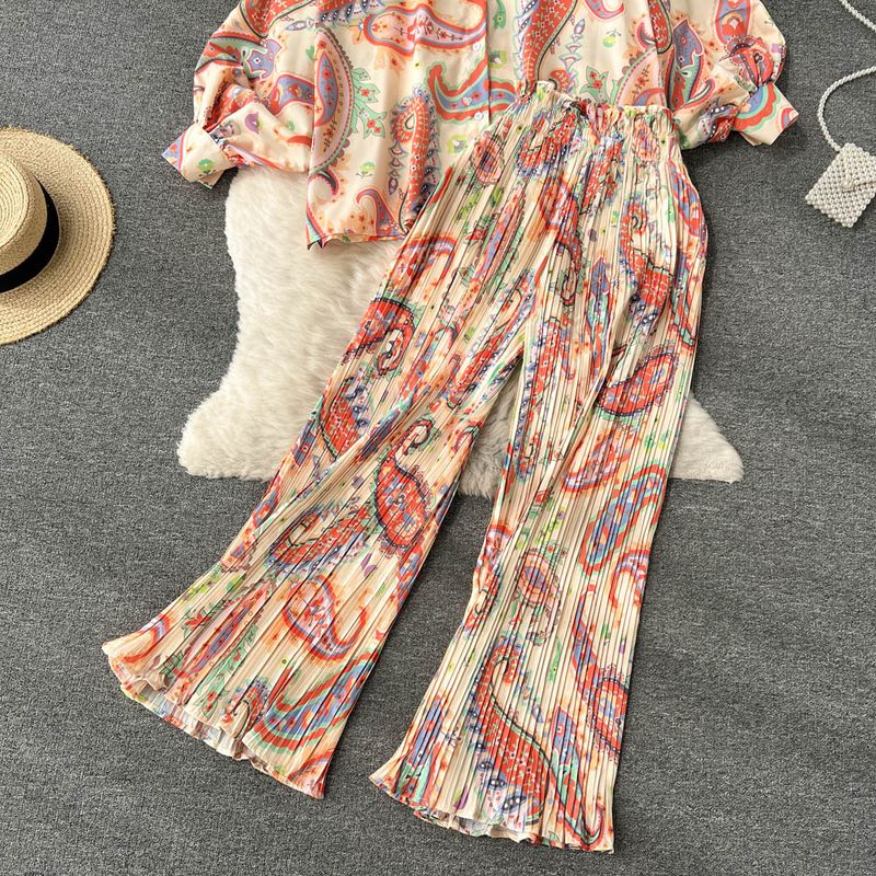 Ensemble deux pièces pour femme, imprimé rétro, jupe ample à manches longues, taille haute, coupe droite et décontractée, idéal pour l'automne_voghion.com