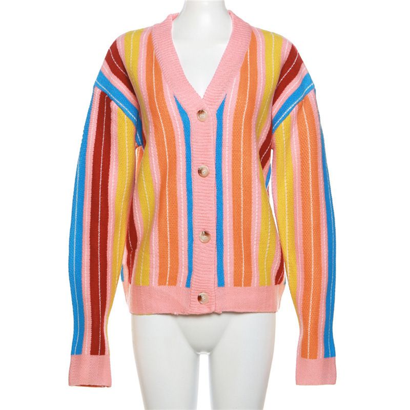 Cardigan casual largo a maniche lunghe in maglia a righe color-block da donna, autunno 2024_voghion.com