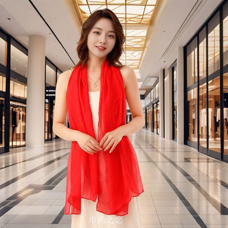 Leuchtend roter Seidenschal für Damen, modischer Chiffonschal für Frühling und Herbst, einfarbiger Tanzschal für den Winter, lange Ausführung_voghion.com