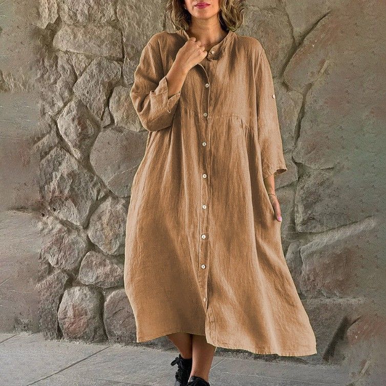 Vestito midi da donna in cotone e lino, casual, di grandi dimensioni, con bottoni, tinta unita, commercio estero all'ingrosso_voghion.com