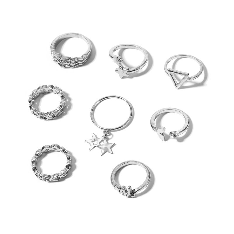 Jewelry Alloy Heart 8-Piece Set With Inlaid Diamonds Fish Tail Personality Star Stackable Ring_voghion.com