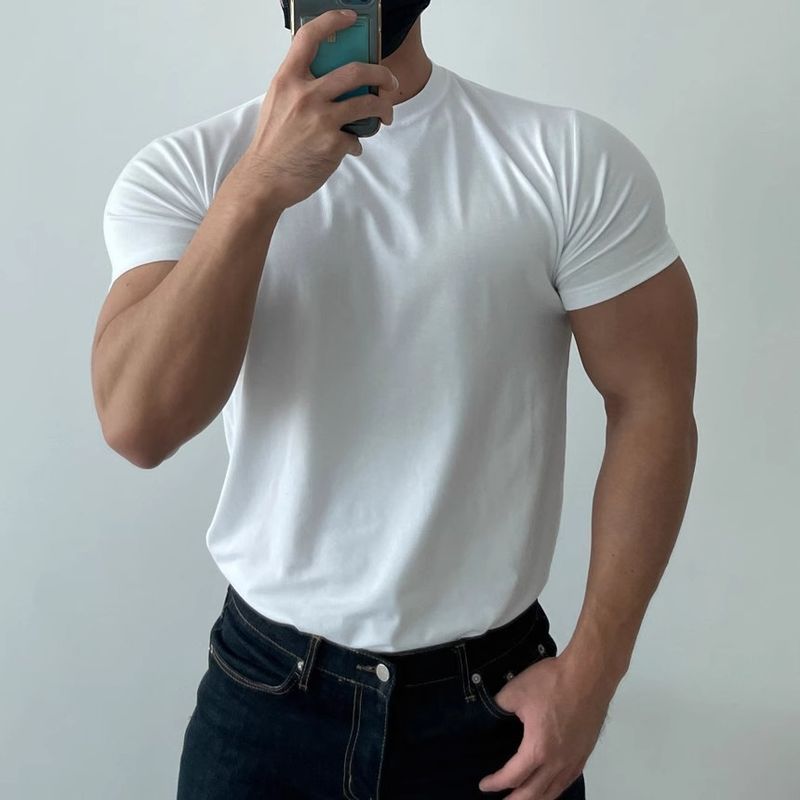 Herrenbekleidung Sommer-T-Shirt mit kleinem Ausschnitt Slim Fit Kurzarm Muskelanzug_voghion.com