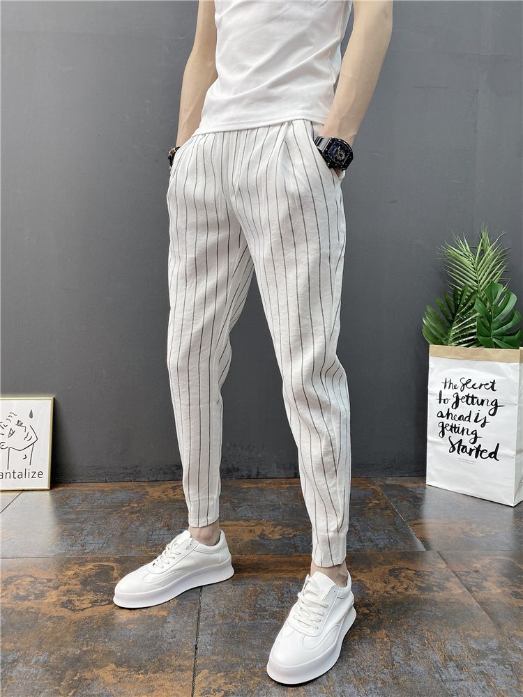 Striped 9-inch Small Casual For Men, Summer Cool, Thin Design, Vertical Stripes, Elastic Waistband, Slimming Effect,_voghion.com