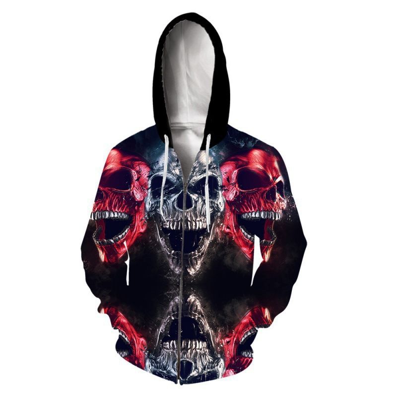 Felpa con cappuccio da uomo con stampa digitale 3D e teschio di Halloween con cerniera_voghion.com