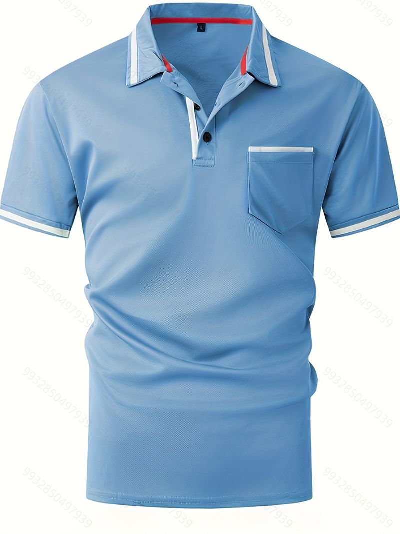 Sommer Lässig Atmungsaktiv Knopf Farbblock Tasche Herren Poloshirt Sportbekleidung_voghion.com