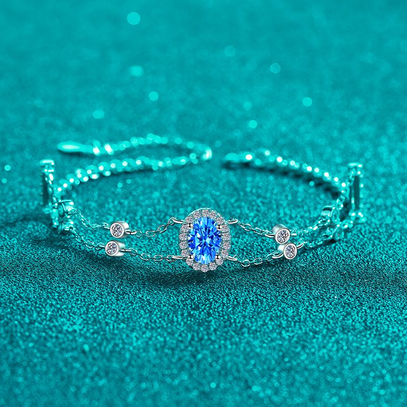 New Deyi Pure Silver Plating PT950 Gold Blue Elliptical Bag Double Chain Mosang Stone Bracelet Personalized Trend_voghion.com