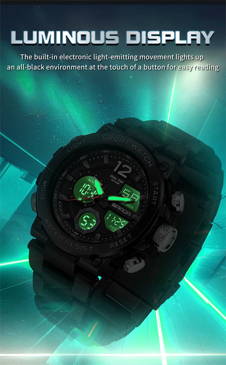 Montre homme en acier inoxydable à double affichage, multifonctionnelle : étanche, rétroéclairage LED, chronomètre, alarme, heure universelle, bracelet en acier inoxydable._voghion.com