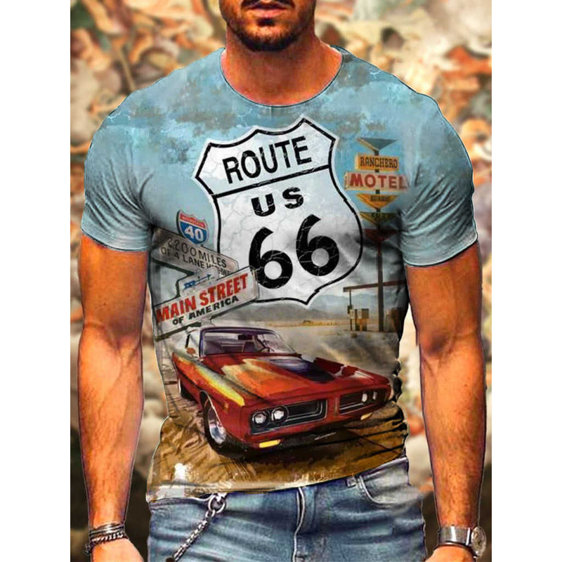 T-shirt da uomo girocollo casual alla moda stampata in 3D della nuova serie Route 66 estiva 2022_voghion.com