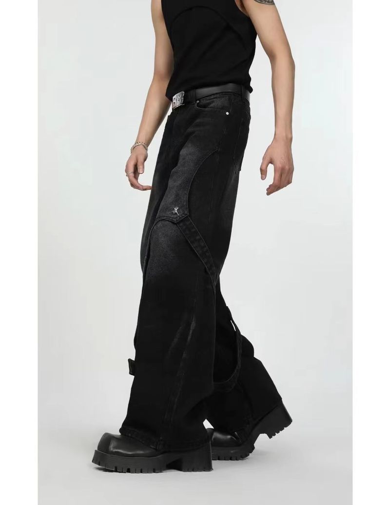 Jeans da uomo con cuciture decostruite, lavati, vintage, stile high street americano, con decorazione in metallo, gamba dritta_voghion.com