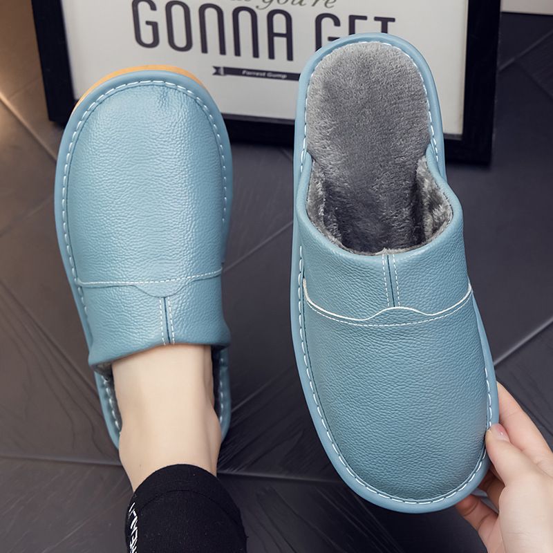 MTX Haining Genuine Home Winter Women's Warm Thick Sole Non-Slip Leather Surface Couple Furry Cotton Slippers For Men_voghion.com