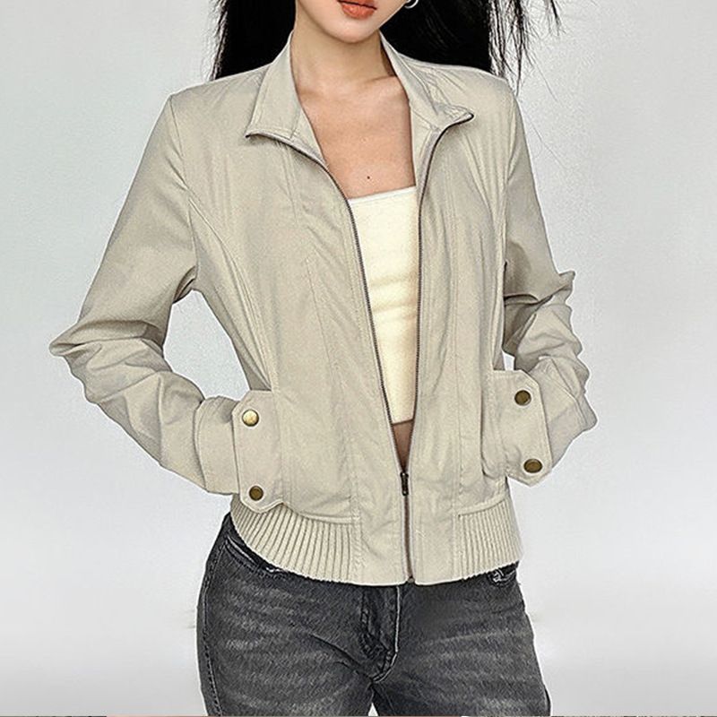 Damen Slim Fit Langarm-Arbeitsmantel mit Reißverschluss in der Taille und Taschen – Trendige Winterjacke für stilvollen Komfort_voghion.com