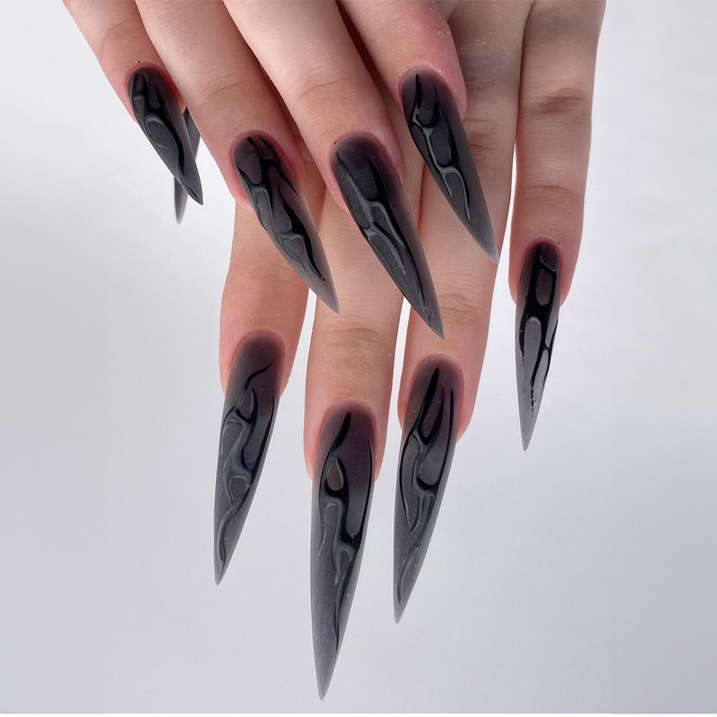 Stiletto 24 pezzi unghie finte lunghe nero francese luna stella design unghie finte stampa a mandorla sulle unghie unghie a copertura completa_voghion.com