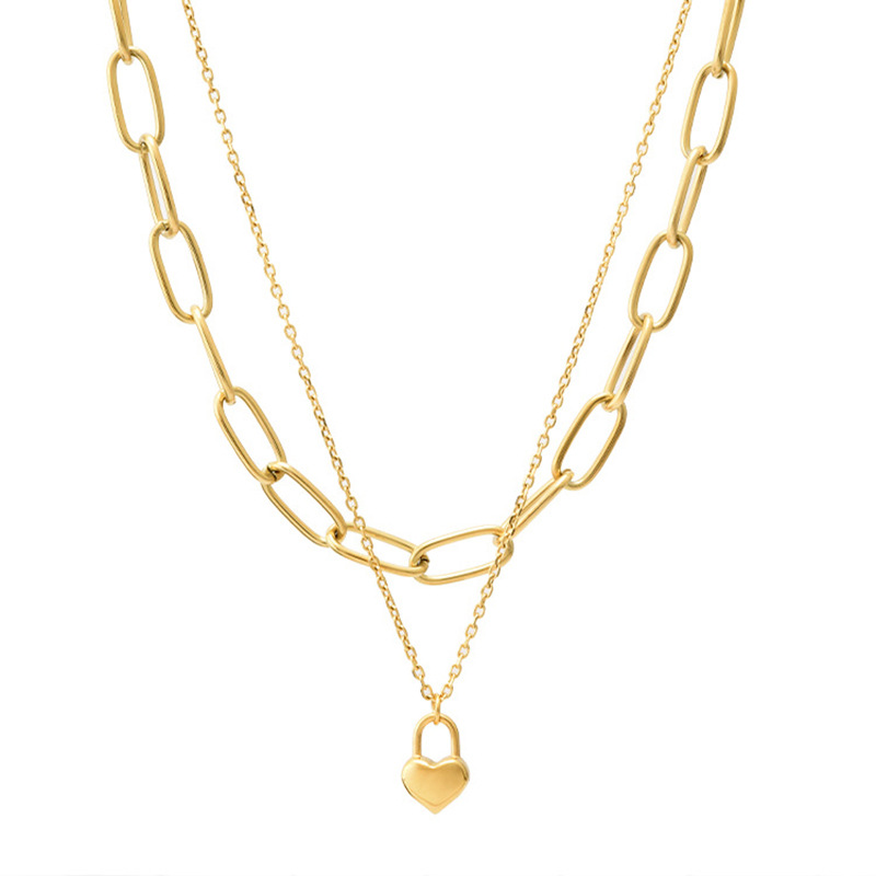 European and American cross-border new double-layer chain love lock pendant titanium steel metal hip-hop advanced cold style necklace_voghion.com