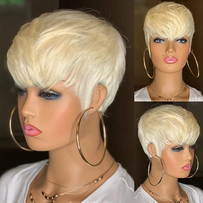 613 Blonde Pixie Cut Perukas Žmonių Plaukų Spalvoti Žalias Trumpas Bob Perukai su Kirpčiukais Pilna mašina Pagamintas Pigus Perukas be klijų juodoms moterims_voghion.com