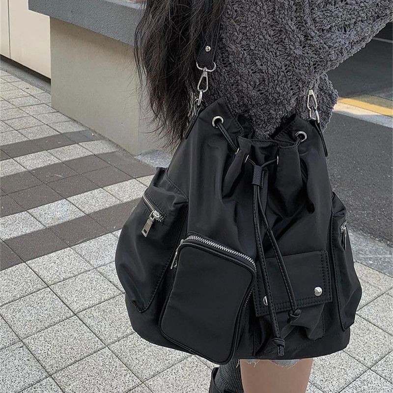 spring And Summer New Nylon Cloth Waterproof Korean Sweet Cool Multi-pocket Zipper Drawstring Single Shoulder Double Crossbody Bag Fashionable_voghion.com