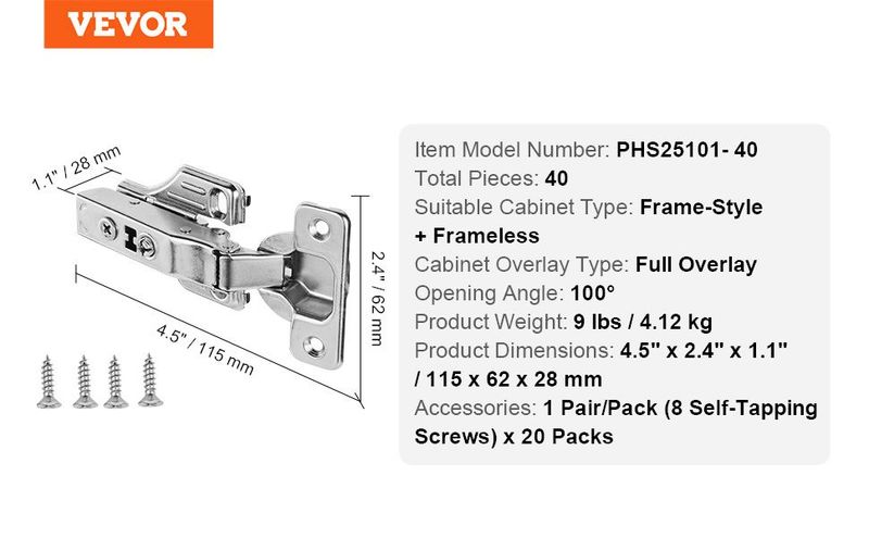 VEVOR Cabinet Door Hinges 40 Packs Full Overlay Soft Close For Framed/Frameless_voghion.com
