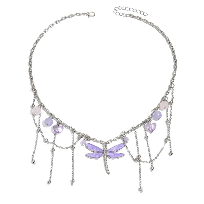 Collana con libellula viola alla moda 2025 | Pendente con nappa multistrato | Design artigianale unico | Moda di nicchia | Lega ipoallergenica | Clavicola versatile_voghion.com