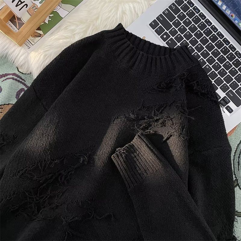 Kleidung Herbst und Winter zerrissene Herren lose japanische Retro lässige Saum gerippte Strickpullover Jacke Oberbekleidung_voghion.com