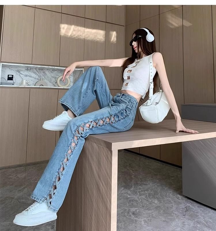 Abbigliamento da donna, design primaverile ed estivo, pantaloni sottili e versatili a vita alta lunghi fino al pavimento_voghion.com