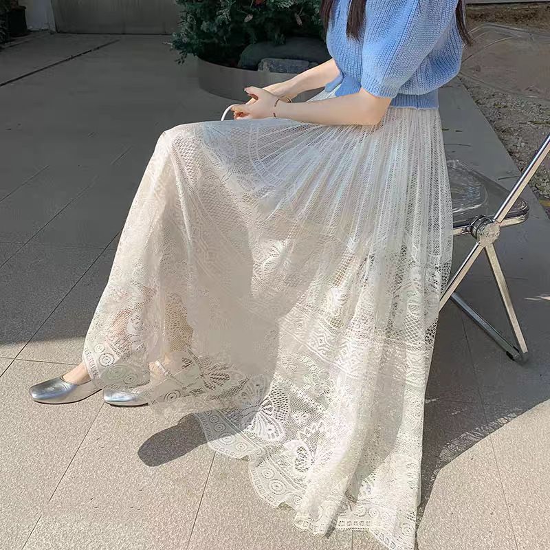 Elegante gonna midi in pizzo con ricamo floreale, gonna fluida a trapezio con orlo a strati in chiffon, perfetta per il guardaroba primaverile-estivo (nero/bianco/beige)_voghion.com