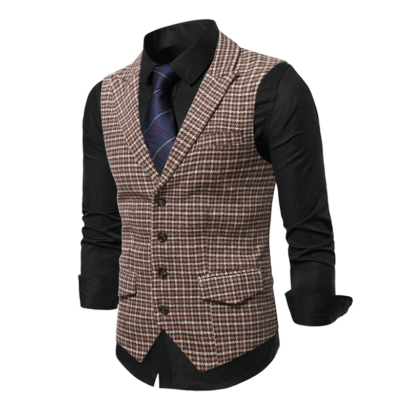 Chaleco tipo blazer con solapa de pistola y botonadura sencilla a cuadros para hombre_voghion.com