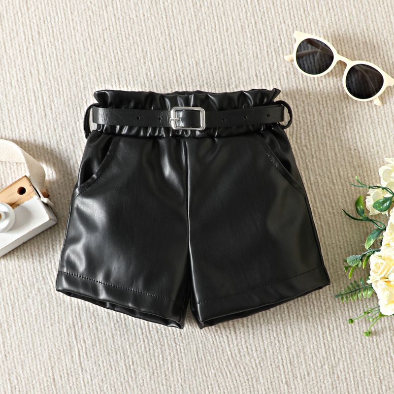 Summer Girls' Standing Neck Pit Striped Sleeveless Top PU Leather Shorts Set_voghion.com