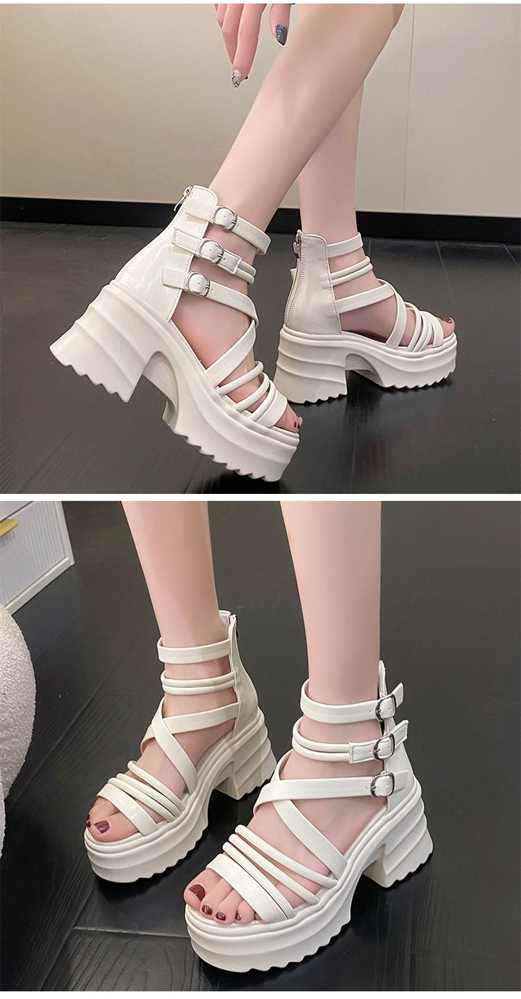 Sandale damă cu toc gros, stil gladiator roman, cu barete și toc înalt, platformă gotică, vârful deschis, pantofi cu cage_voghion.com