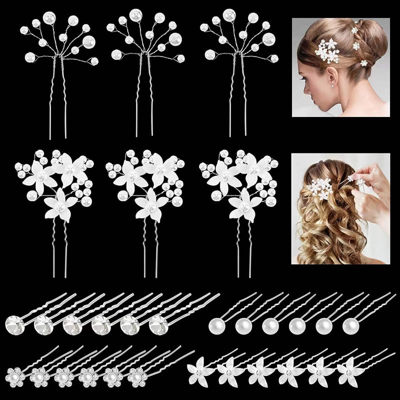 Forcina per capelli con perline, accessorio per acconciatura da sposa con strass, forcina a forma di U con fiore, per donna_voghion.com