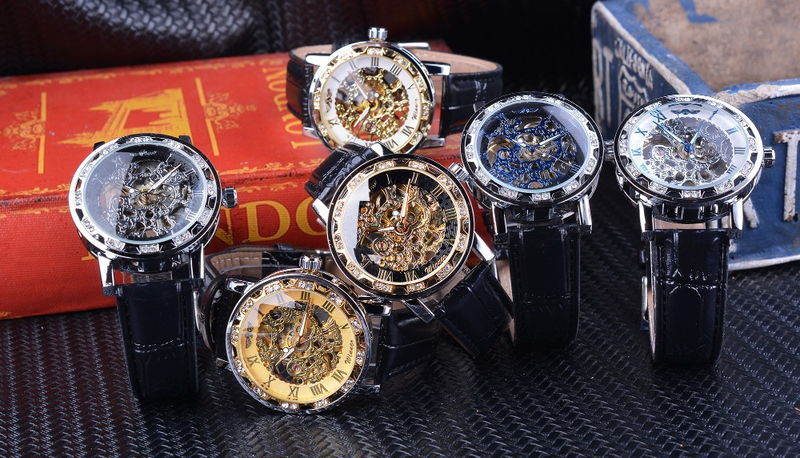 Men's Fashion Skeleton Mechanical Watch With Rhinestones - Hand-Winding Luxury Timepiece, 40mm Leather Strap, Stainless Steel Buckle_voghion.com