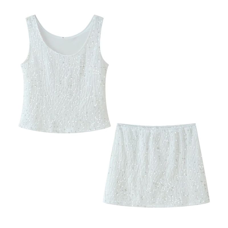 New Style Elegant Simple Sequin Strap Top And High Waist Skirt Set For Women_voghion.com