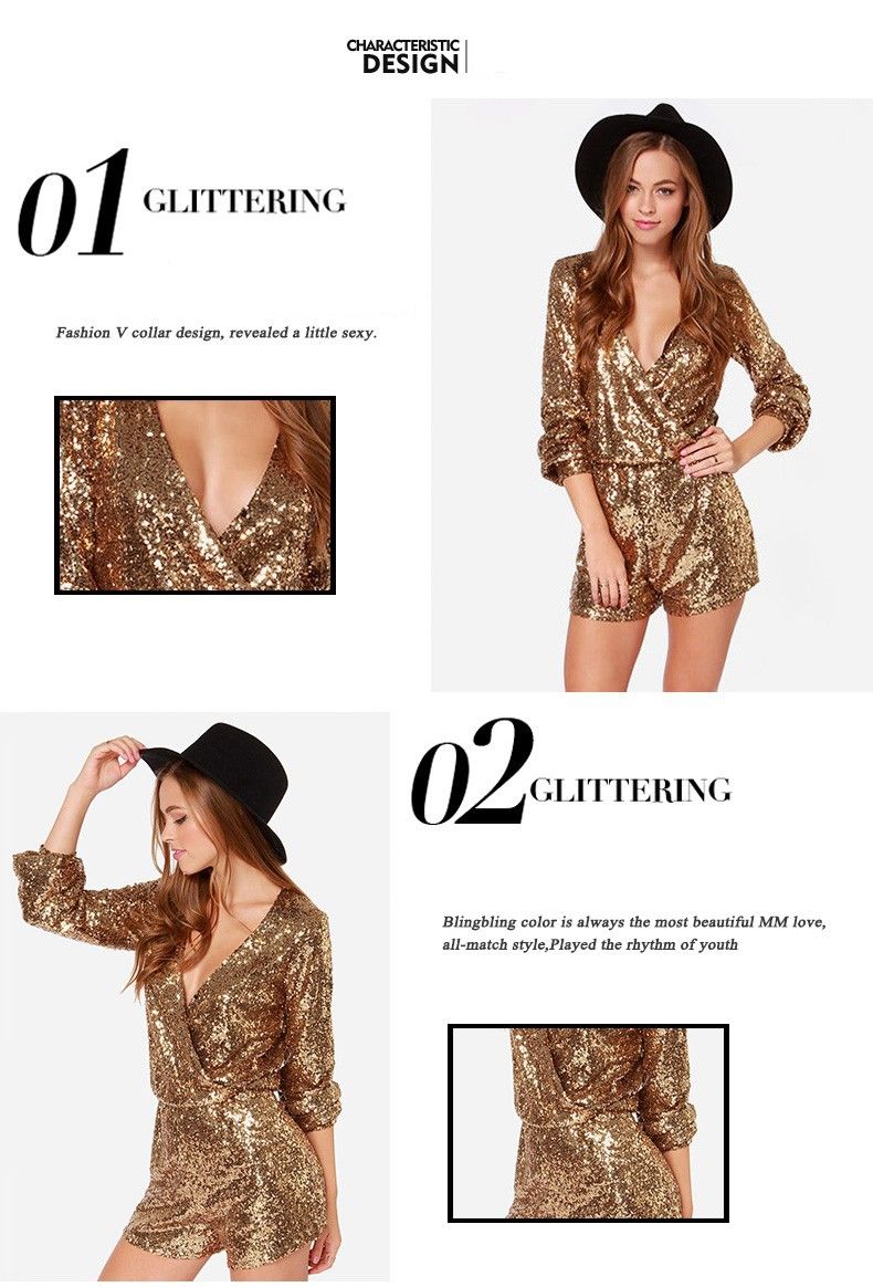 Roupas femininas com cintura em V profundo, manga comprida, cobertura de quadril, macacão sexy com lantejoulas_voghion.com